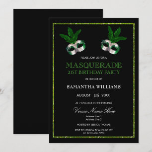 Invitation Anniversaire 21 ans Mascarade Paillettes Vertes Br