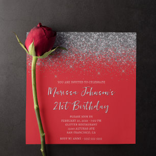 Invitation Anniversaire 21 ans paillettes argentées rouge éti