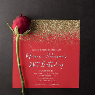 Invitation Anniversaire 21 ans paillettes or rouge scintillan