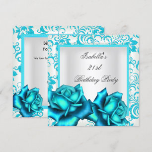 Invitation Anniversaire 21 ans Teal Bleu Floral Rose Blanche