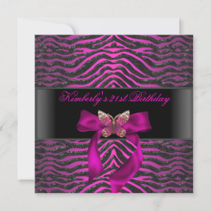 Invitation Anniversaire 21 ans Zèbre Noir Argent Rose Papillo