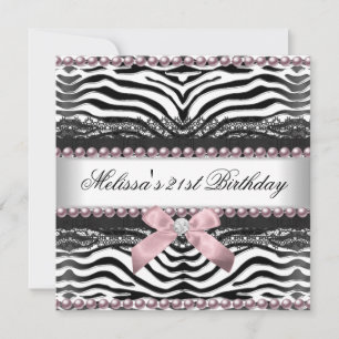 Invitation Anniversaire 21 ans Zèbre Rose Blanc Noir Dentelle