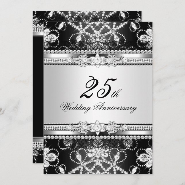 Invitation Anniversaire 25 ans Diamond Silver Blac (Devant / Derrière)