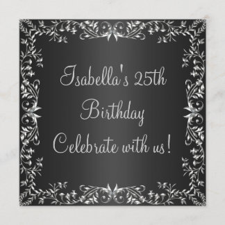 Invitation Anniversaire 25 ans Métal Floral Noir & Argent