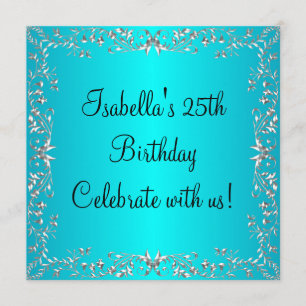 Invitation Anniversaire 25 ans Turquoise & Métal Floral Argen