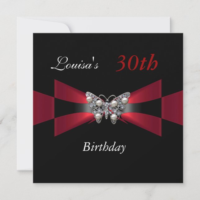 Invitation anniversaire 30 ans papillon noir rouge (Devant)