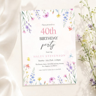 Invitation Anniversaire 40 ans Fleur Pastel Aquarelle Florale