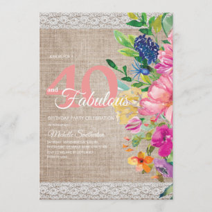 Invitation Anniversaire 40 ans Floral Rustique Toile Lin Lace