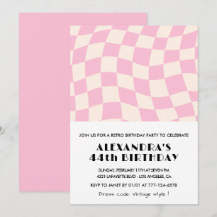 Invitation Anniversaire 44 ans à carreaux Rose Rétro Vintage