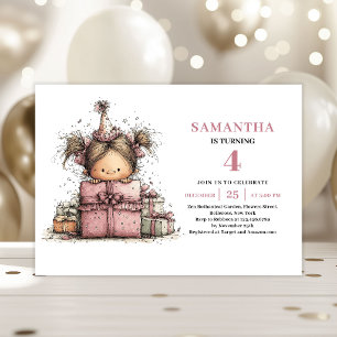 Invitation anniversaire 4 ans Funny Girl rose impr