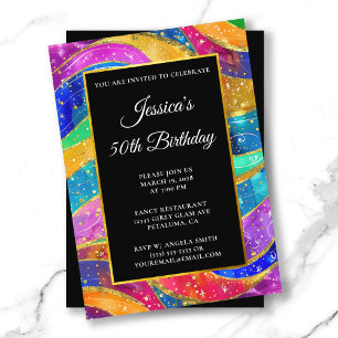 Invitation Anniversaire 50 Ans Arc-en-Ciel Paillettes Or Bril