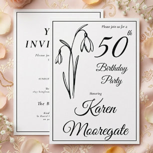 Invitation Anniversaire 50 ans Fleur de perce-neige Noir et B