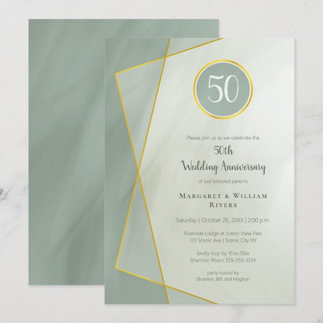 Invitation anniversaire 50 ans jade grisé cadre en or (Devant / Derrière)