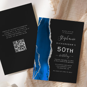 Invitation Anniversaire 50 ans QR Code Bleu Royal Agate Argen