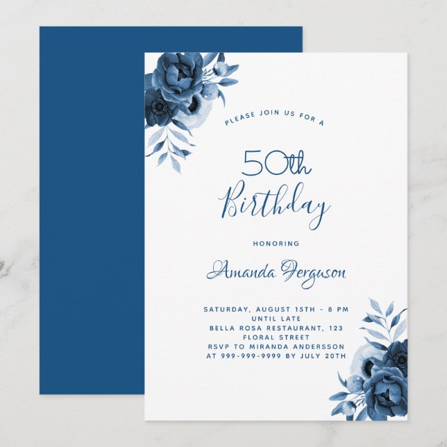 Invitation Anniversaire 50 fleurs bleues écriture blanche (Devant / Derrière)
