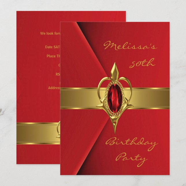 Invitation Anniversaire 50e Faux Velvet Red Pearl or (Devant / Derrière)
