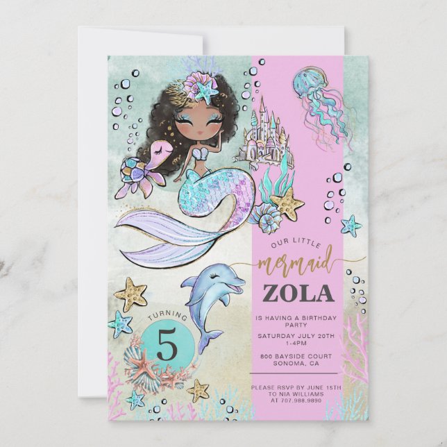 Invitation anniversaire 5 ans de sirène modifiable (Devant)