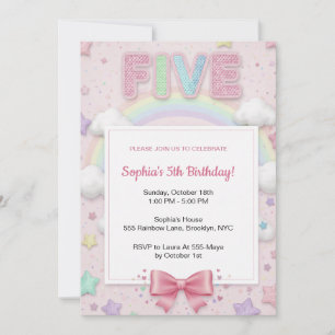 Invitation Anniversaire 5 ans fille paillettes arc-en-ciel pa