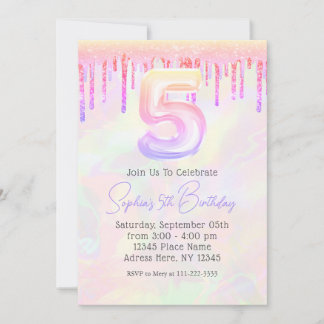 Invitation Anniversaire 5 Ans Paillettes Rose Holographique F