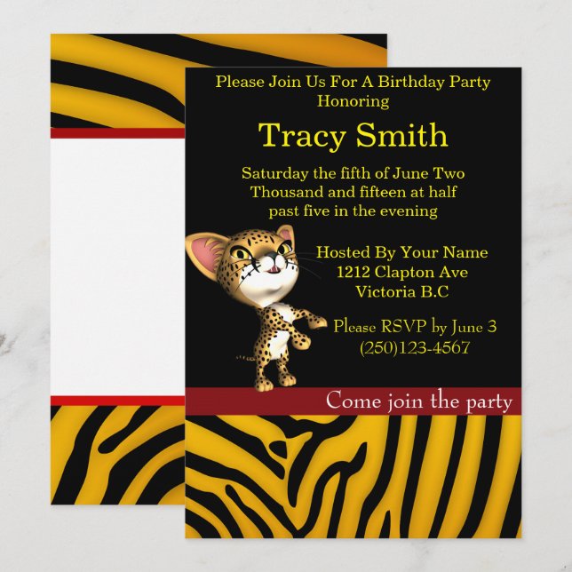Invitation Anniversaire 5 de guépard de partie de poster de (Devant / Derrière)