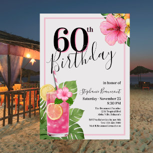 Invitation Anniversaire 60 ans Fleur de Cocktail Tropical Fém