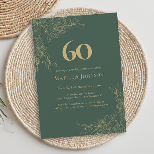 Invitation Anniversaire 60 ans Floral Élégant Vert Or