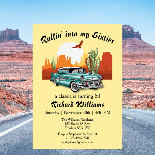 Invitation Anniversaire 60 ans Homme Retro Classic Blue Car D