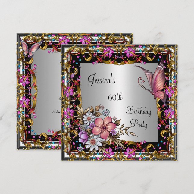 Invitation Anniversaire 60 ans Papillon Floral Rose Or Argent (Devant / Derrière)