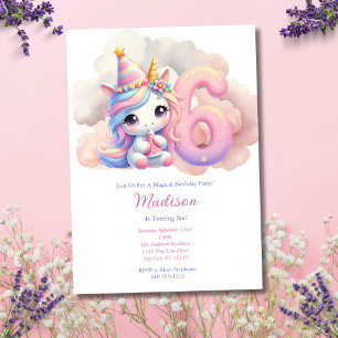 Invitation Anniversaire 6ème Sixième Licorne Fille Rose Bleu 