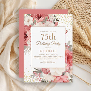 Invitation Anniversaire 75 Ans Fleurs Rose Ivoire