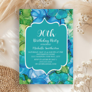 Invitation Anniversaire 90 ans Bleu Vert Turquoise Aquarelle