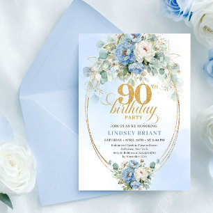Invitation Anniversaire 90 Ans Cadre Or Peony Bleu