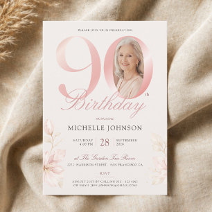 Invitation Anniversaire 90 Ans Élégant Rose Pâle Floral Photo