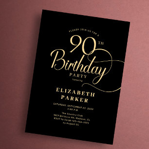 Invitation Anniversaire 90 ans élégant simple noir or écritur