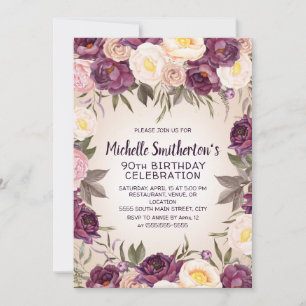 Invitation Anniversaire 90 Ans Fleuris Rose Violet Vintage