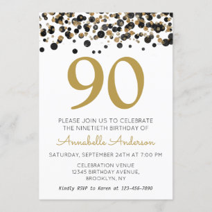 Invitation Anniversaire 90 ans paillettes noir or Confetti