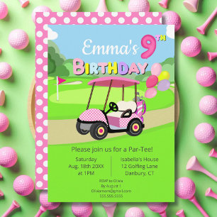 Invitation anniversaire 9 ans pois rose fille golf
