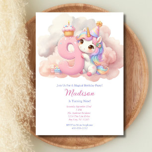 Invitation Anniversaire 9ème Neuvième Licorne Fille Rose Bleu