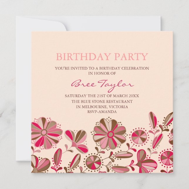 Invitation anniversaire à motif floral rétro rose (Devant)