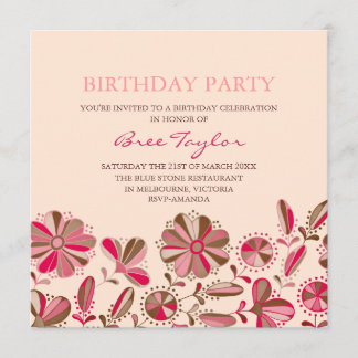 Invitation anniversaire à motif floral rétro rose