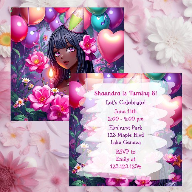 Invitation Anniversaire à thème Anniversaire Fille de couleur (Créateur téléchargé)