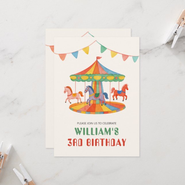 Invitation Anniversaire adorable du carrousel (Devant/Arrière en situation)