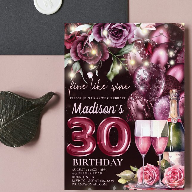 Invitation Anniversaire Adulte 30 Ans Vin Magenta Luxe (Créateur téléchargé)