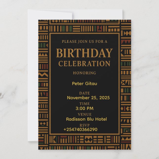 Invitation Anniversaire Africaine Gold Kente (Devant)