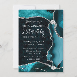 Invitation Anniversaire Agate Fausse Pailletée Bleu Vert et A
