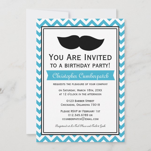 Invitation Anniversaire Aqua Blue Mustache Chevron (Devant)