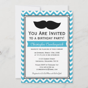 Invitation Anniversaire Aqua Blue Mustache Chevron