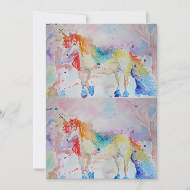 Invitation anniversaire aquarelle art licorne (Devant)