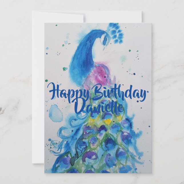 Invitation anniversaire aquarelle art paon bleu (Devant)