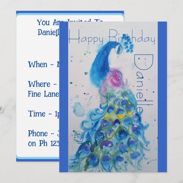 Invitation anniversaire aquarelle Paon bleu (Devant / Derrière)